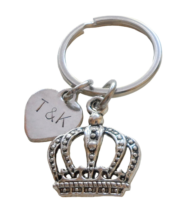 King Crown Charm Keychain with Custom Stamped Heart Tag For Couples Initials