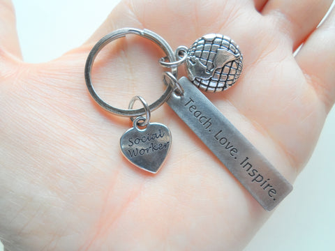 Employee Appreciation Gifts • Globe Charm, Social Worker Heart & "Teach. Love. Inspire." Engraved Tag Keychain by JewelryEveryday