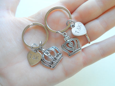 Silver Tone King and Queen Crown Keychain Set with Custom Stamped Heart Tags, Couples Keychain Set