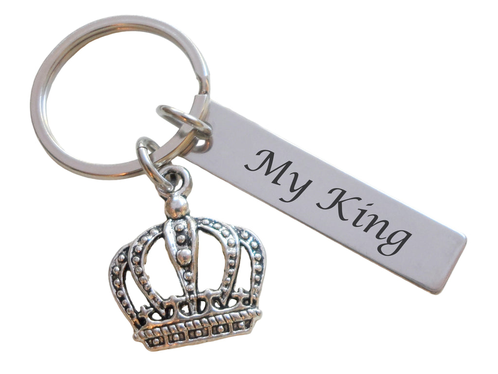 King Crown Charm Keychain with "My King" Engraved Steel Tag