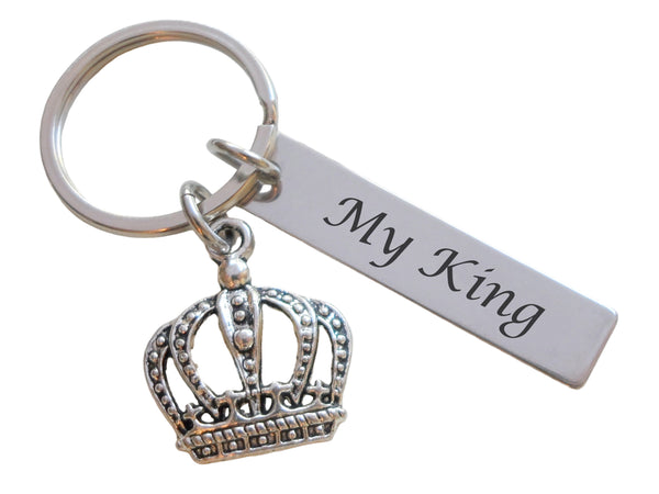 King Crown Charm Keychain with "My King" Engraved Steel Tag