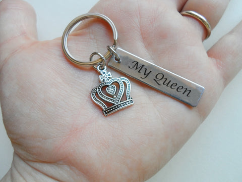 Queen Crown Charm Keychain with "My Queen" Engraved Steel Tag