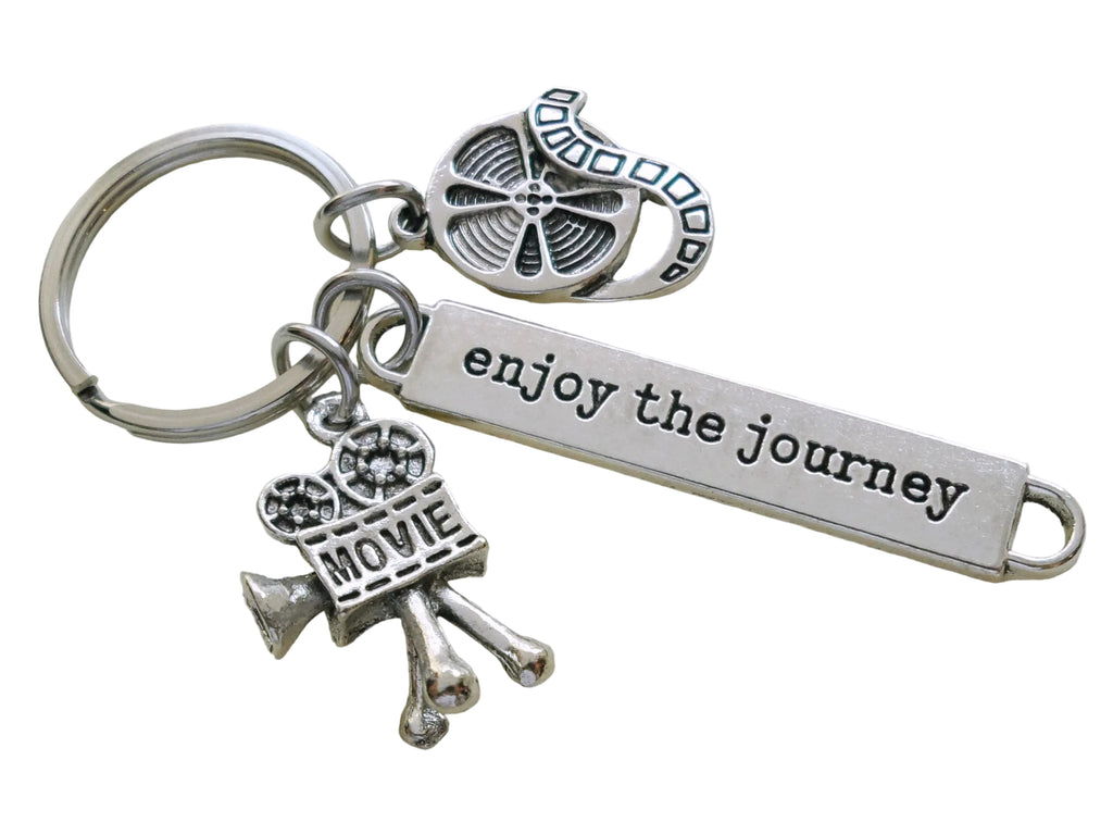 Movie Charm Keychain with Camera & Film Reel Charm and Enjoy the Journey, Director, Videographer, or Actor Keychain