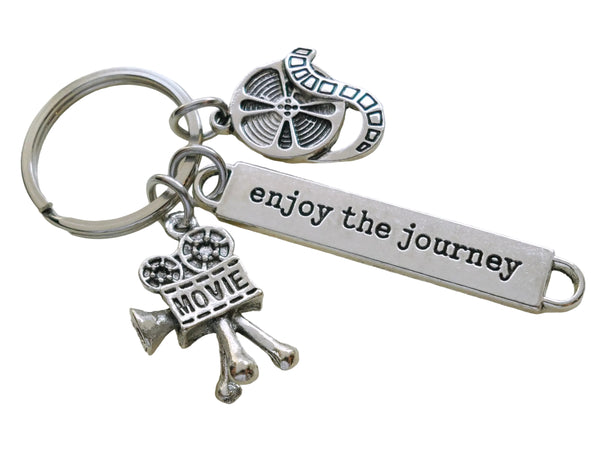 Movie Charm Keychain with Camera & Film Reel Charm and Enjoy the Journey, Director, Videographer, or Actor Keychain