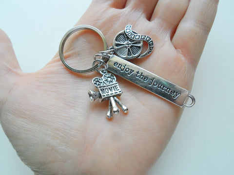 Movie Charm Keychain with Camera & Film Reel Charm and Enjoy the Journey, Director, Videographer, or Actor Keychain