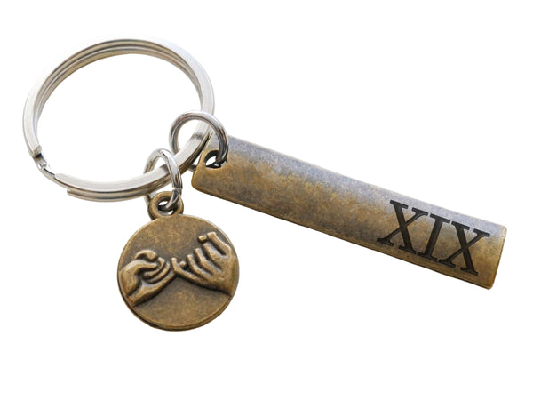 Bronze Pinky Promise Charm Keychain with "XIX" Engraved Tag, Roman Numerals for 19, Couples Keychain