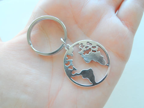 World Globe Charm Keychain with "You Mean The World To Me" Engraved Heart Tag by Jewelry Everyday