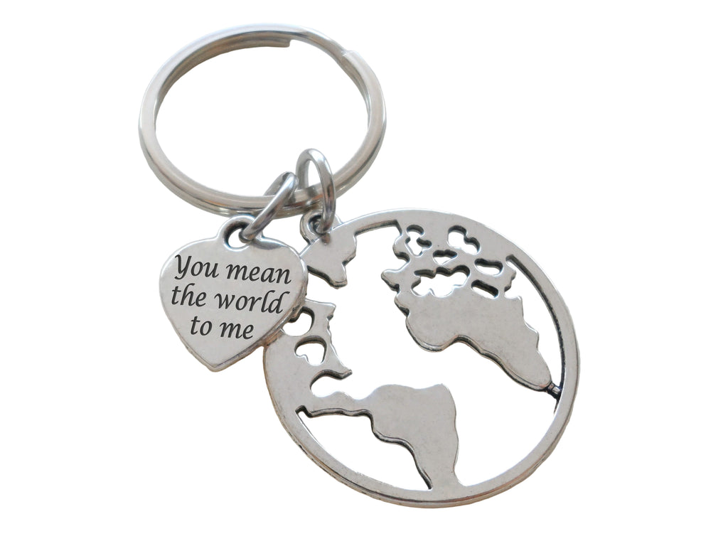 World Globe Charm Keychain with "You Mean The World To Me" Engraved Heart Tag