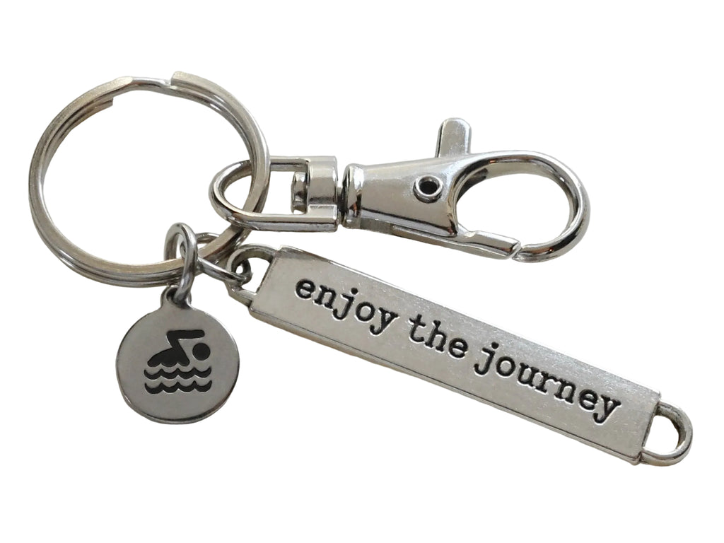 Swimmer Charm Keychain with Swimmer Disc Charm, Enjoy the Journey Tag & Swivel Clasp; Swim Team or Coach Keychain