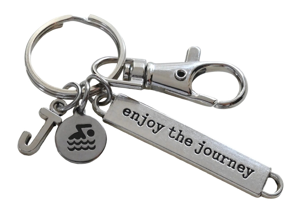 Swimmer Charm Keychain with Swimmer Disc Charm, Enjoy the Journey Tag, Swivel Clasp & Custom Initial Charm; Swim Team or Coach Keychain by JewelryEveryday