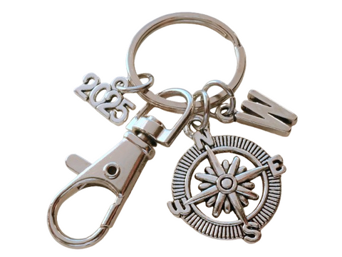 Good Luck on the Path Ahead of You Compass Charm Keychain with 2025 or 2026 Charm & Clasp, Graduation Gift Keychain
