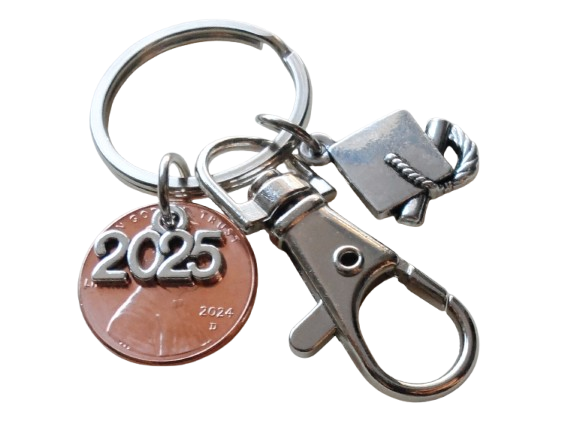 Graduation Penny Keychain with 2025 Charm Over a 2024 Penny, Graduate Cap Charm & Swivel Clasp, Class of 2025 - by Jewelry Everyday