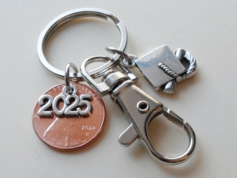 Graduation Penny Keychain with 2025 Charm Over a 2024 Penny, Graduate Cap Charm & Swivel Clasp, Class of 2025 - by Jewelry Everyday