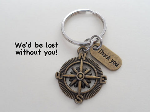 Employee Appreciation Gift - "Thank You" Tag & Bronze Compass Keychain with "We'd be lost with out you!" Card by Jewelry Everyday