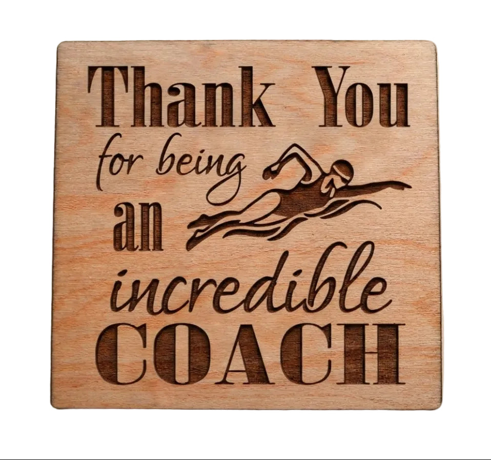 Coach Appreciation Gift • Wood Magnet Engraved with "Thank You for Being an Incredible Coach" with Swimmer Image by JewelryEveryday