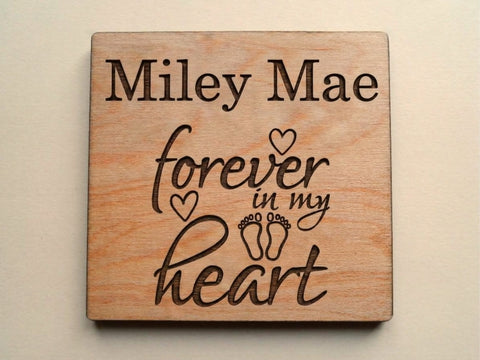 Memorial Wood Magnet, Forever in My Heart Saying, Baby Feet & Custom Engraved Name by JewelryEveryday