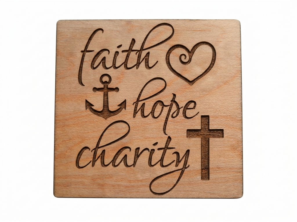 Faith Hope Charity Engraved Wood Magnet with Heart, Cross & Anchor Image, Religious Christian Gift