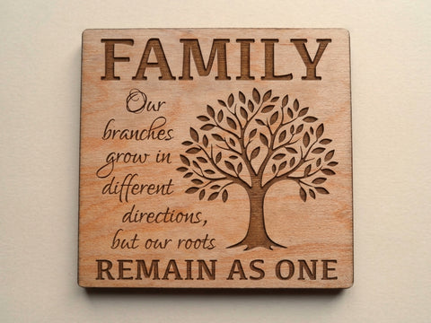 Family Saying Wood Magnet with Tree Image, "Our Branches Grow In Different Directions But Our Roots Remain as One"