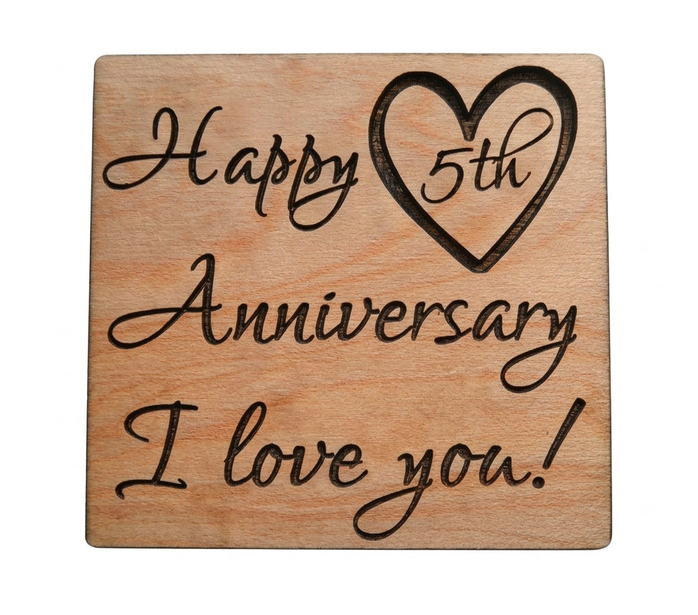 5 Year Anniversary Wood Magnet, Happy 5th Anniversary I Love You with Heart Image Engraved by JewelryEveryday