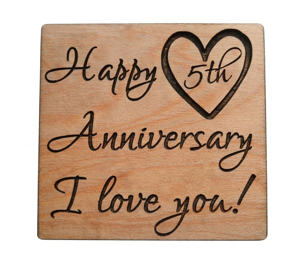 5 Year Anniversary Wood Magnet, Happy 5th Anniversary I Love You with Heart Image Engraved by JewelryEveryday