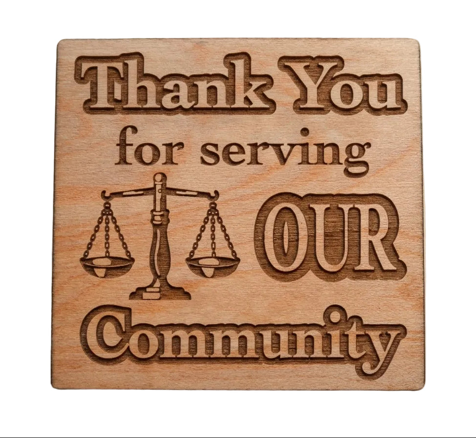 Lawyer Appreciation Gift • Wood Magnet Engraved with "Thank You For Serving Our Community" & Law & Justice Scales Image by JewelryEveryday