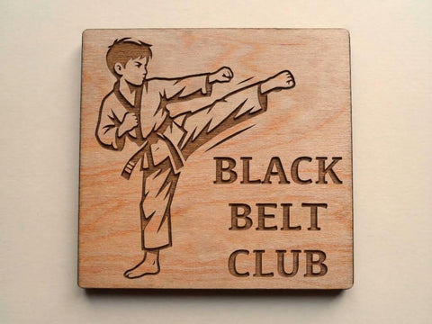 Martial Arts Wood Magnet with "Black Belt Club" and Side Kicking Student Image, For Student or Teacher Gift