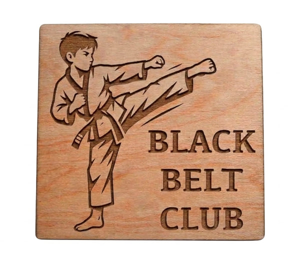 Martial Arts Wood Magnet with "Black Belt Club" and Side Kicking Student Image, For Student or Teacher Gift