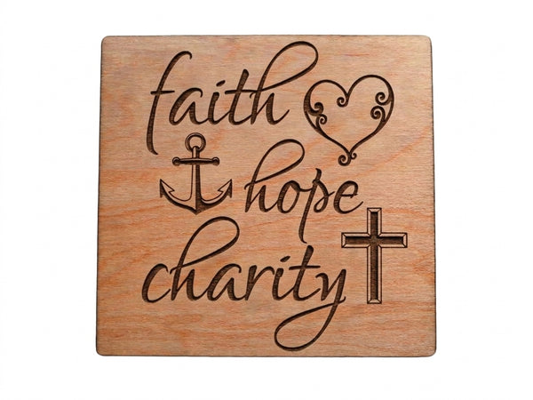Faith Hope Charity Engraved Wood Magnet with Heart, Cross & Anchor Image, Religious Christian Gift