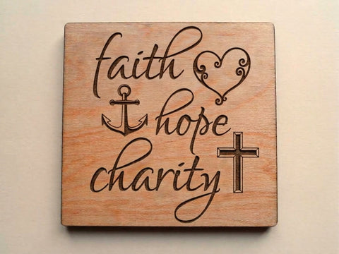 Faith Hope Charity Engraved Wood Magnet with Heart, Cross & Anchor Image, Religious Christian Gift