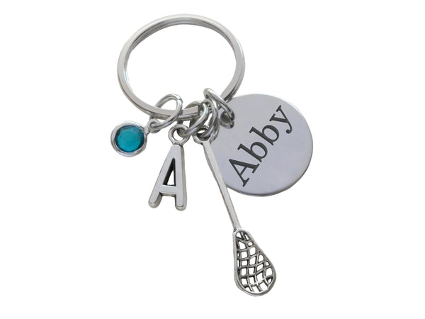 Lacrosse Stick Charm Keychain with Custom Engraved Disc; Graduate Keychain, Lacrosse Player Keychain