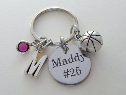 Basketball Charm Keychain with Custom Engraved Steel Disc, For Graduate, School Team Player Gift