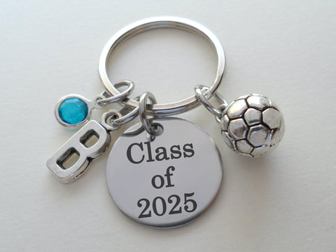 Custom Graduation Class of 2025 Disc Keychain with Soccer Ball Charm, Personalized Graduate Keychain, Gift for Graduate