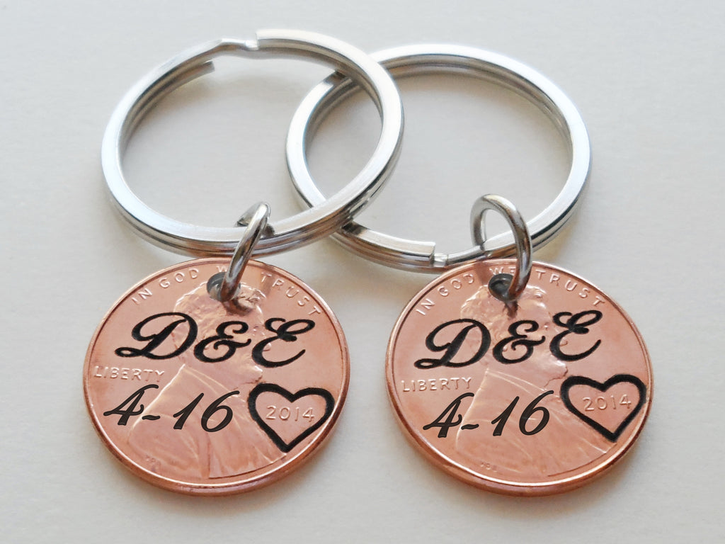 Personalized Set of 2 Penny Keychains Custom Engraved with Script Font and Heart Around The Year
