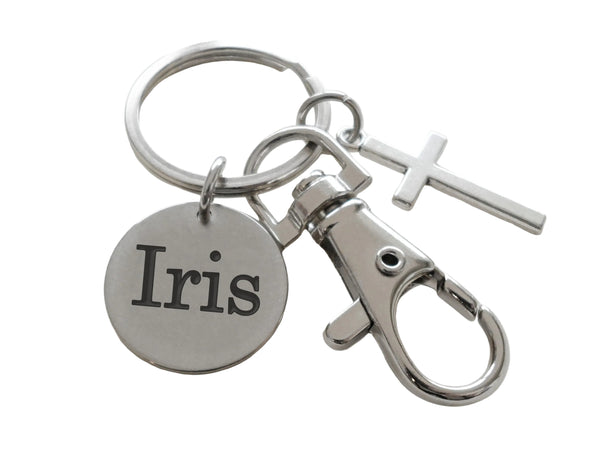 Cross Charm Keychain with Custom Engraved Disc & Clasp, Religious Keychain