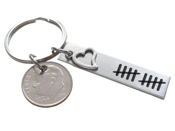 10 Tally Marks Engraved Aluminum Tag with Heart Charm and Dime Keychain, Couples Anniversary Key Chain