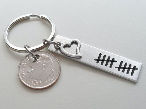 10 Tally Marks Engraved Aluminum Tag with Heart Charm and Dime Keychain, Couples Anniversary Key Chain by Jewelry Everyday