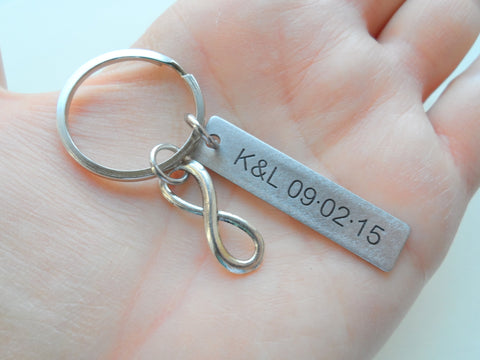 Stainless Steel Tag Keychain Engraved with "You & Me" with Infinity Charm; 11 Year Anniversary Couples Keychain by Jewelry Everyday