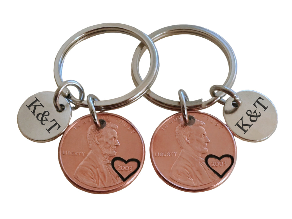 2 Penny Keychains with Custom Engraved Circle Charms; Couples Anniversary Gift