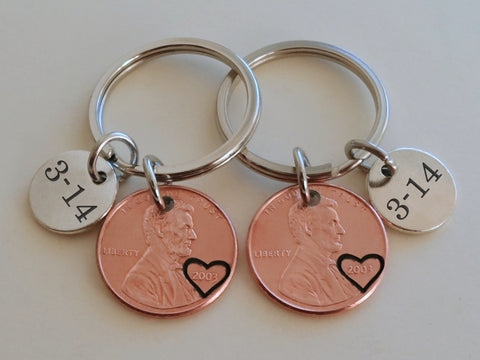 2 Penny Keychains with Custom Engraved Circle Charms; Couples Anniversary Gift