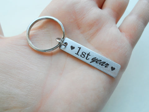 Small Steel Tag Keychain Engraved with "1st Year" and Heart Symbols, Couples 1 Year Anniversary Gift
