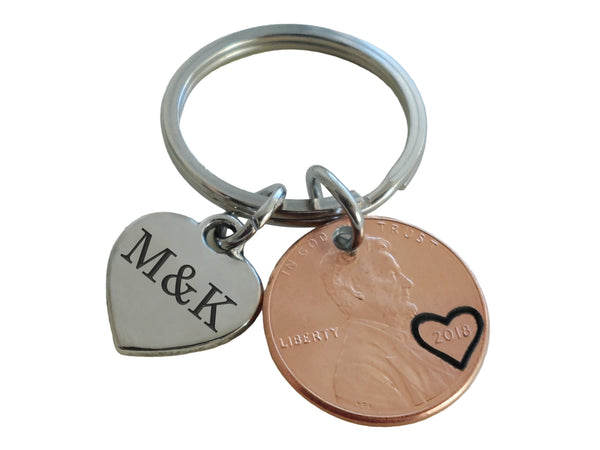 Penny Keychain with Custom Engraved Heart Charm; Couples Anniversary Gift