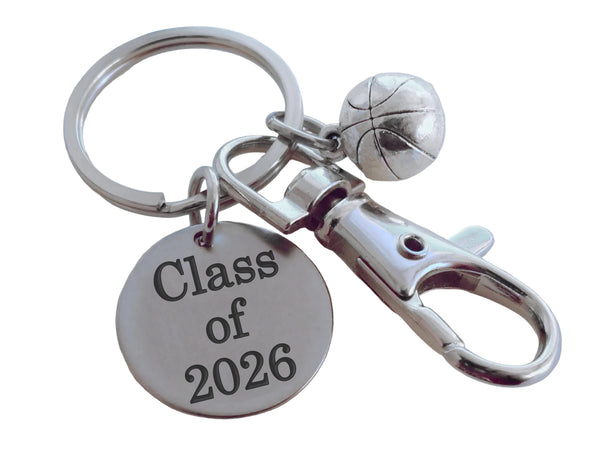 Basketball Charm Keychain with Class of 2026 Engraved Steel Disc with Clasp, For Graduate, School Team Player Gift
