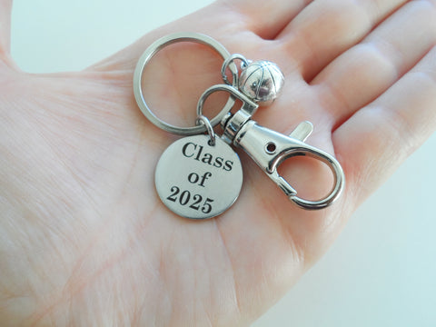 Basketball Charm Keychain with Class of 2026 Engraved Steel Disc with Clasp, For Graduate, School Team Player Gift