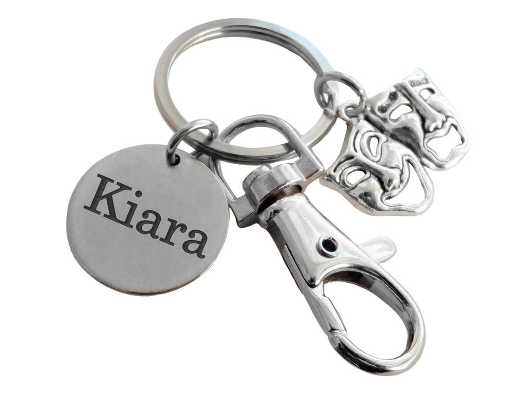 Theatre Masks Keychain with Custom Engraved Disc & clasp, Tragedy & Comedy Charm, Drama Keychain, 2026 Graduation Gift Keychain, Theater Actors Keychain, Theatre Face