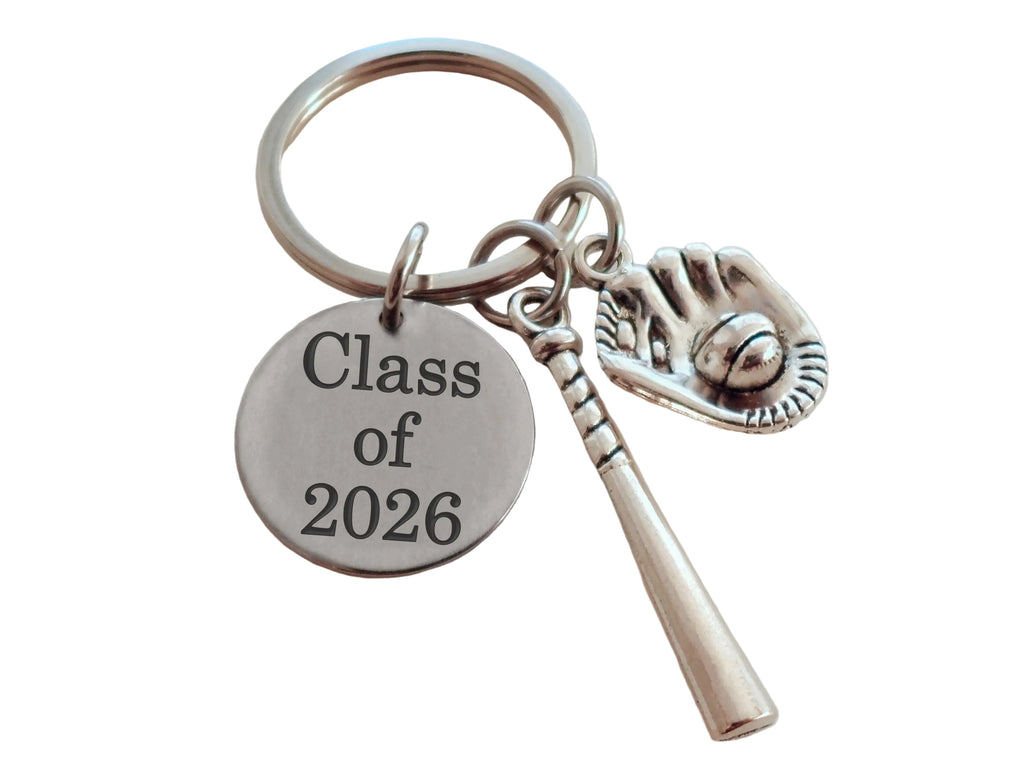 Custom Graduation Class of 2026 Disc Keychain with Baseball Mitt & Bat Charm, Personalized Graduate Keychain Gift