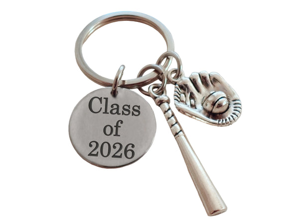 Custom Graduation Class of 2026 Disc Keychain with Baseball Mitt & Bat Charm, Personalized Graduate Keychain Gift
