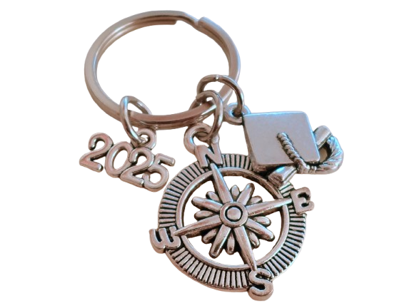 Graduate Compass Keychain with Graduation Cap Charm and 2025 Year Charm, Graduation Keychain