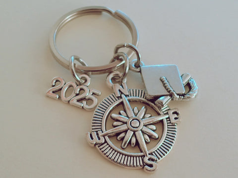 Graduate Compass Keychain with Graduation Cap Charm and 2025 Year Charm, Graduation Keychain