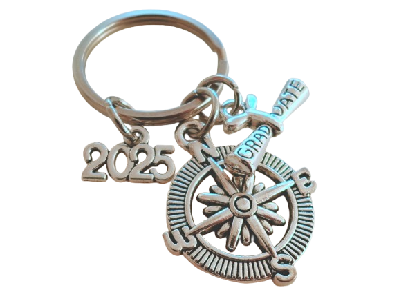 Graduate Compass Keychain with 2025 Charm and Graduate Scroll Charm, Graduation Keychain