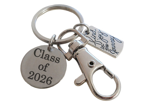 Custom Engraved Disc Keychain with Find Joy in the Journey Charm & Clasp